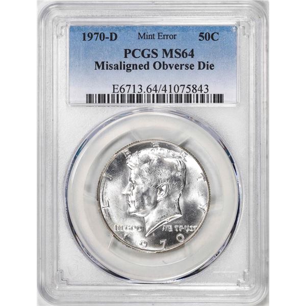 1970-D Kennedy Half Dollar Coin Mint Error Misaligned Obverse Die PCGS MS64