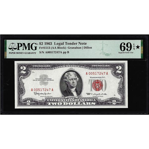 1963 $2 Legal Tender Note Fr.1513 PMG Superb Gem Uncirculated 69EPQ* Star