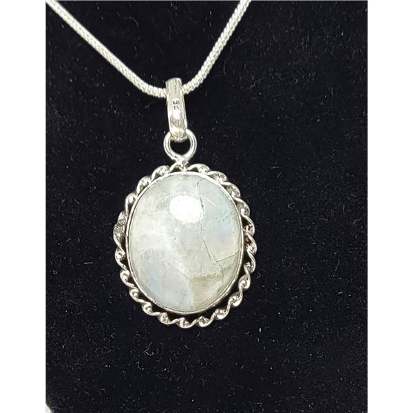 11)  OVAL MOONSTONE PENDANT ON 20" SNAKE CHAIN.