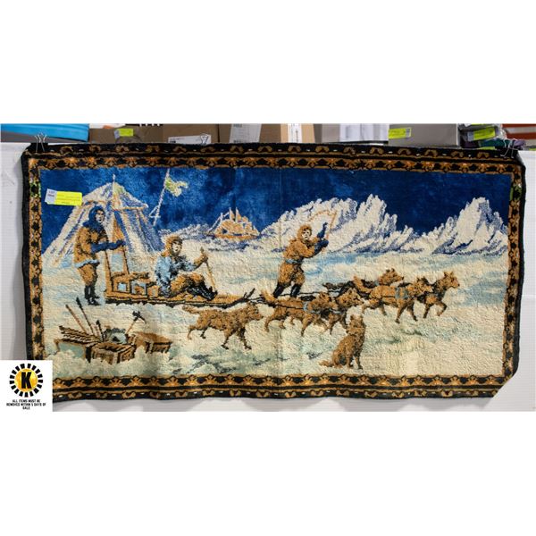 VINTAGE DOG SLED SCENE VELVET WALL TAPESTRY