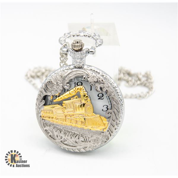 NEW SILVER TONE WITH GOLD TONE TRAIN ON NEW POCKET