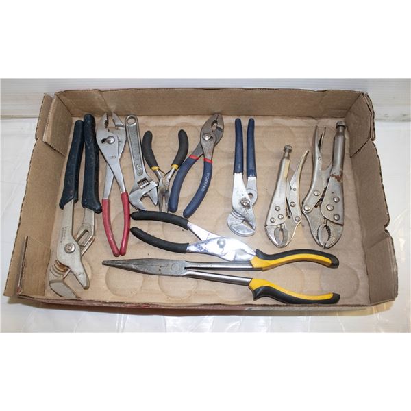 FLAT OF VARIOUS WRENCHES, VICE GRIPS, AND PLIERS