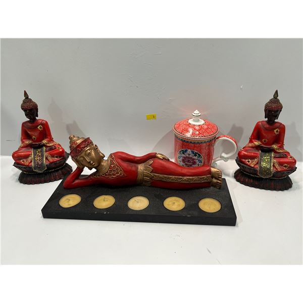 Assorted Collection of Asian Decor Includes Figurines, Tea Light Holder, Teacup with Lid