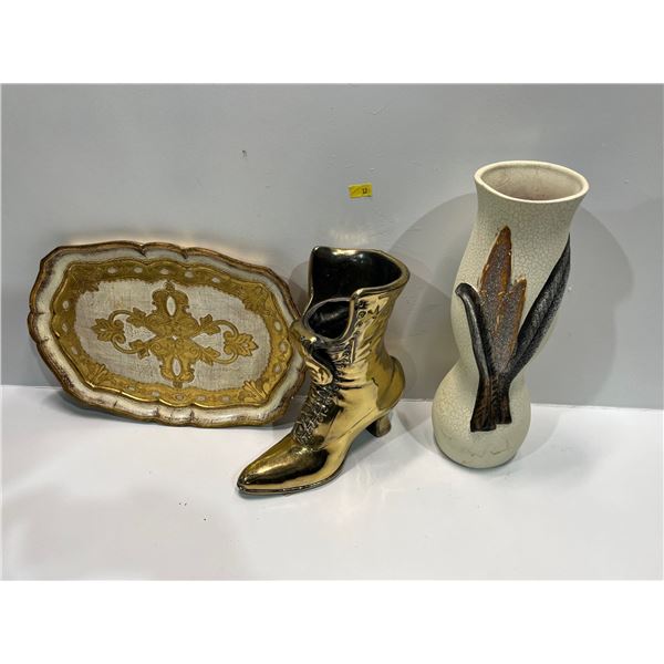 Assorted Inside Home Decor, Brass Ladies Vintage Boot, Pottery Vase 13H and More