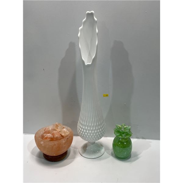 Assorted Home Decor, Himalayan Salt Rock with Milk Glass Vase and Blown Glass Green Jar with Lid