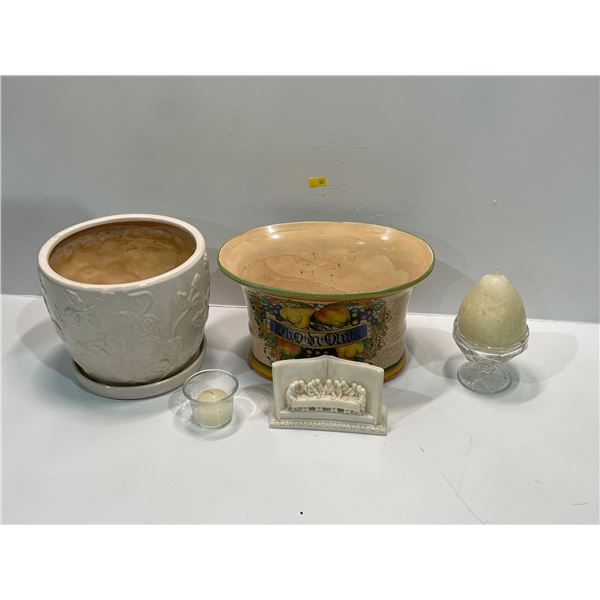 Last Supper Hand Carved Alabaster Statue with Ceramic Decor x 2 and Candles with Holders