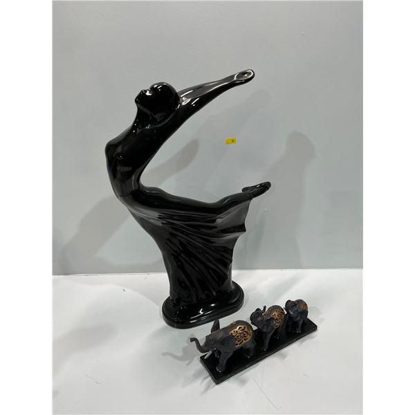 Black Swan Ceramic Statue 19H x 14W With Elephant Trio Statue