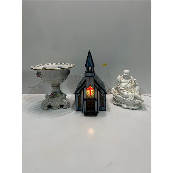 Assorted Home Decor, Light up Stained Glass Church, Asian Buddha and Hand Painted 1817 Chalice