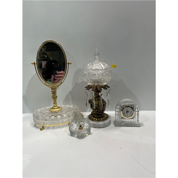 Vintage Collection of Brass, Crystal and Glass Items, Mirror, Candy Dish, Clock and More