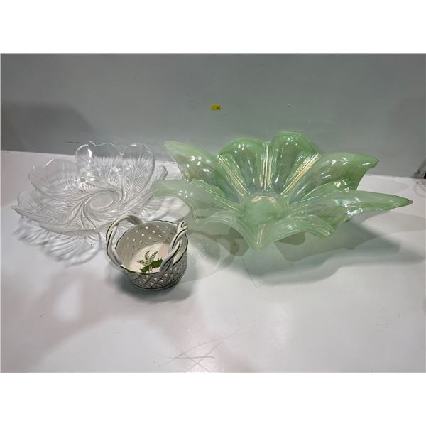 Assorted Collection of Decorative Serving Dishes, 1 Blown Glass Green, 1 Frosted Glass and More