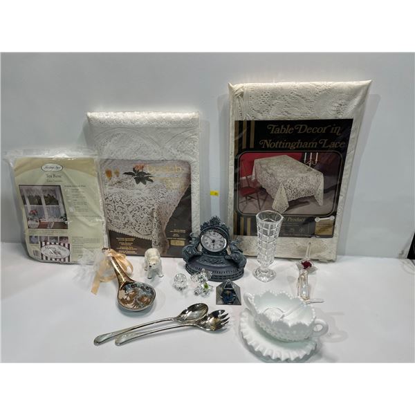Assorted Collection of Inside Home Decor, Clock, Vase, Milk Glass, Silver Fork/Spoon & More