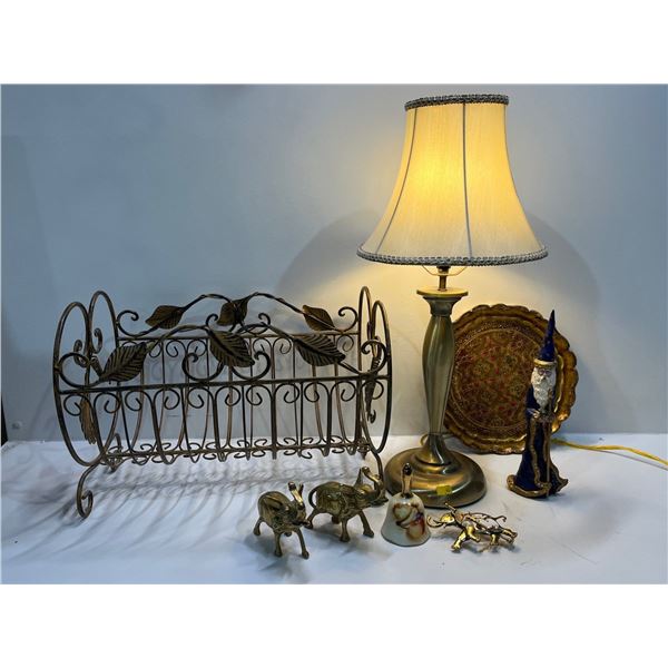 Vintage Lot of Assorted Brass/Gold Colour Decor, Lamp x2 , Log Holder, Tray, Figurines and More