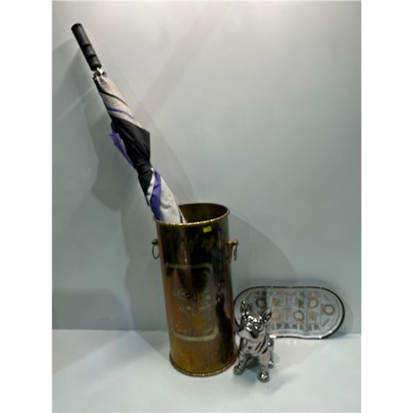 Brass Umbrella/Cane Stand/Holder With Silver Colour French Bull Dog Door Stop & More