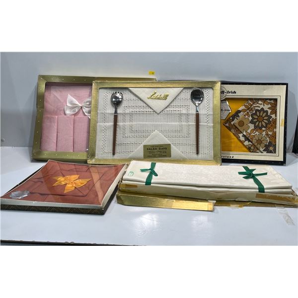 Vintage Assorted Boxes of Table Cloth's, Irish Linens, Place Mats, Napkins, Serving Spoons and More
