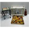 Image 1 : Assorted Inside Home Decor, Wood/Glass Shelf 12H x 16L, Outdoor Plant Table, Decorative Mask & More