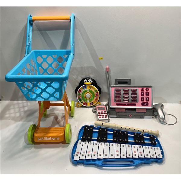 Assorted Kids Toys, Xylophone, Cash Register, and Shopping Cart, Recorder, and More