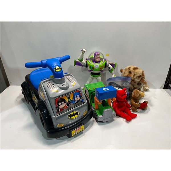 Assortment of Children's Toys, Buzz Lightyear, Plush Toys, Truck, Batman Ride on Scooter & More