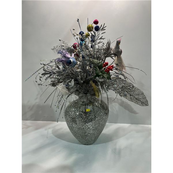 Mosaic Vase with Artificial Flowers and Decorative Birds Winter Themed 30H x 12W