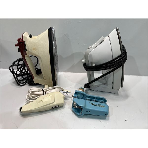 Assorted Lot of Irons and Electric Scissors with Hand Operated Sewing Machine in Original Boxes