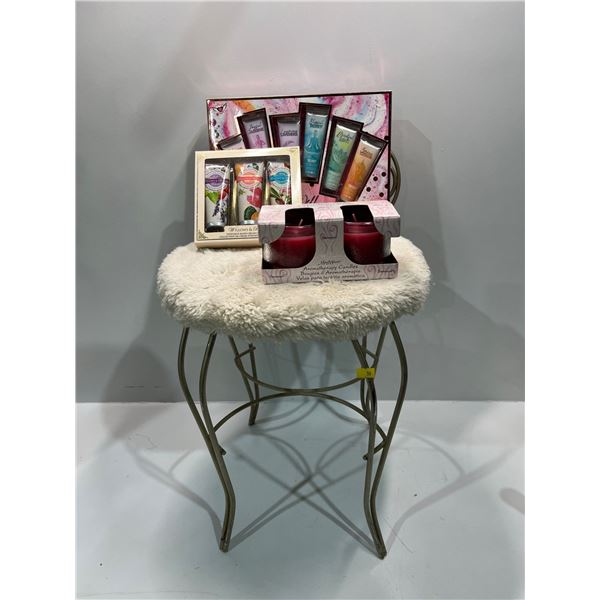 Rod Iron Vanity Chair with New in Box Scented Candles & Scented Hand Creams