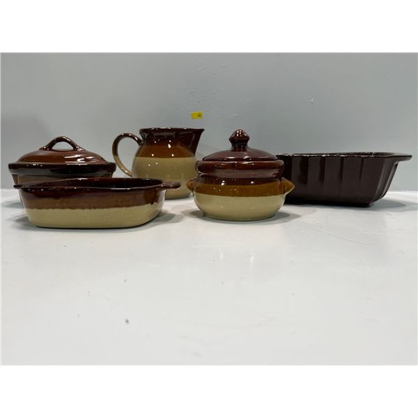 Assorted Collection of Vintage Brown Stoneware, Pitcher, Bowls, Casserole Dish and More