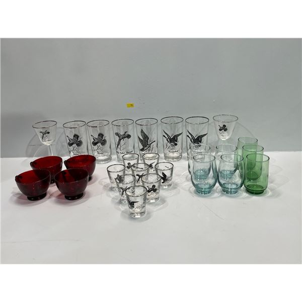 Assorted Collections of Glassware Bird Themed Set, Red Glass, Blue Glass, and Green Sets