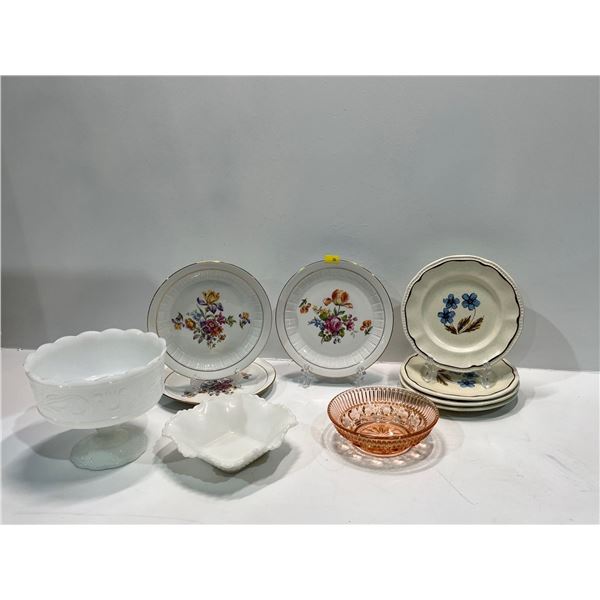 Assorted Collection of Plates, Pink Glass Dish & Milk Glass Serving Tray/Dish's