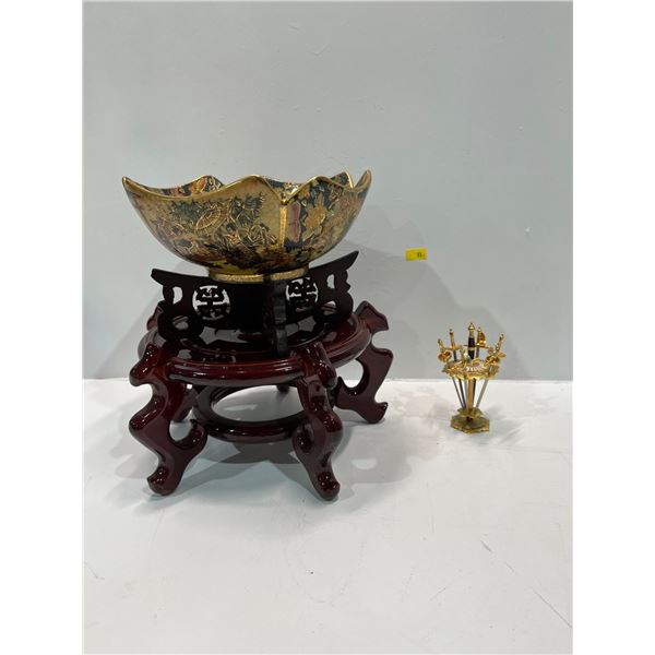 Renaissance Tapestry design Porcelain Bowl with Hardwood Stand 10H and More