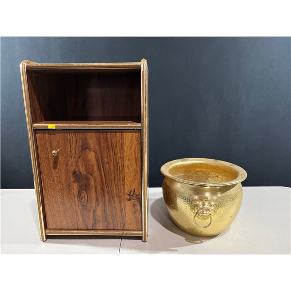 Vintage Side Table with Cabinet Door and Inner Shelf, Comes with Matching Brass Metal Pot w/handles