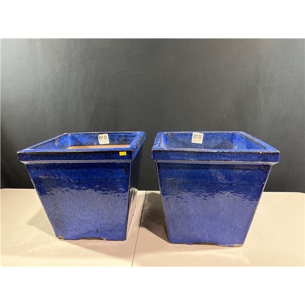Matching Set of Large Blue Ceramic Containers/Planters with Drain Holes 16L x 16D x 16H