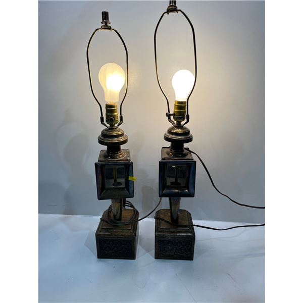 Set of Two Decorative Lamps Made in India  Wood, Brass and Glass (shades not included)