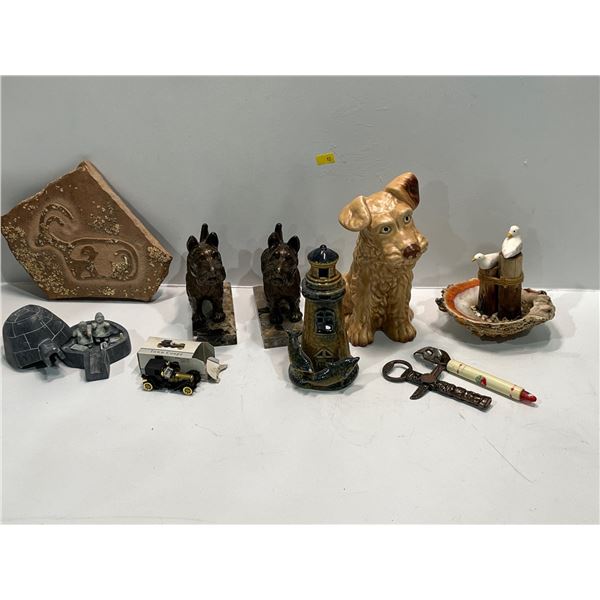 Assorted Decorative Items includes Lighthouse Candle Holder, Brass Scottie Dogs, Igloo and more