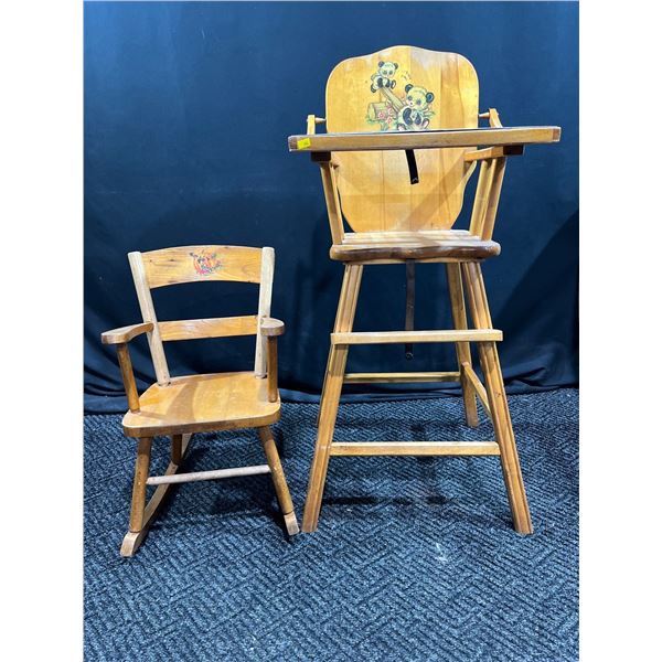 Vintage Children's Solid Wood High Chair and Rocking Chair