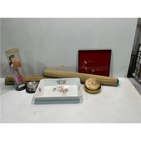 Collection of Asian Decor includes Bamboo mats 72L 24W, "China Doll", Brass Dish with Lid and more