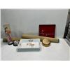 Image 1 : Collection of Asian Decor includes Bamboo mats 72L 24W, "China Doll", Brass Dish with Lid and more