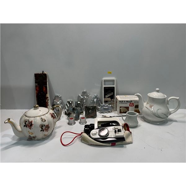 Kitchen Needs: Teapots, Cake Stand, "Roll-A-Matic" and more plus Portable Iron in travel bag
