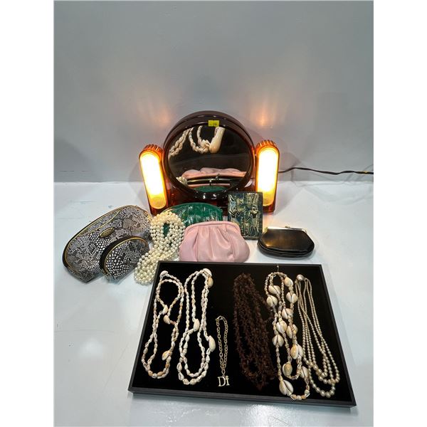 Retro GE Lighted Mirror, Makeup Bags and Change Purses plus Costume Jewelry