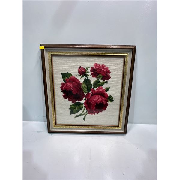 Three Pieces of Beautiful Framed Flower Themed Needlework Art 12Wx16H, 16Wx16H, 19Wx20H