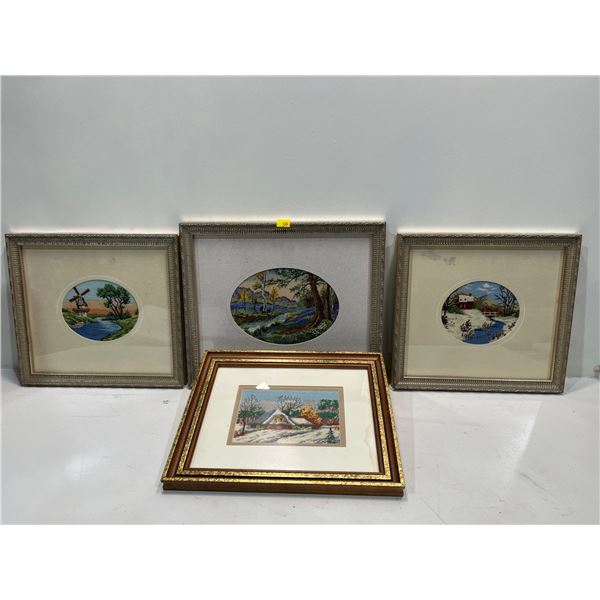 Four Pieces of Framed Needlework Wall Art  13Wx11H, 12Wx10H (2) 11Wx10H