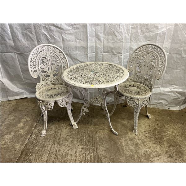 Outdoors Metal Table with Two Matching Chairs measurements in description