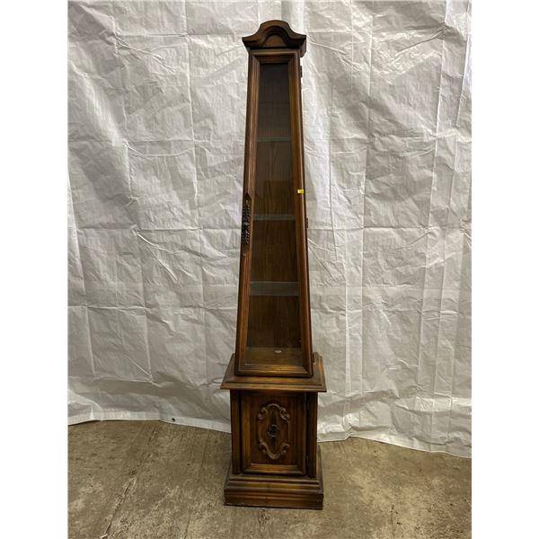 1969 Oblique Wood and Glass Display Case with Small Cabinet 17Wx12Dx76H see description for damage