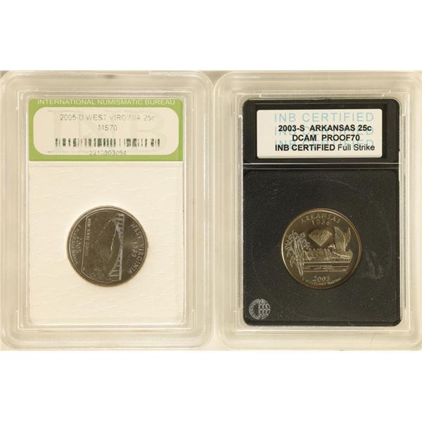 2 SLABBED QUARTERS: 2003-S ARKANSAS DCAM PR70