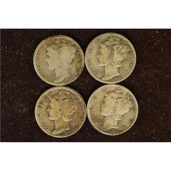 4 SILVER MERCURY DIMES: 1917, 1944-D, 44-D & 45-D