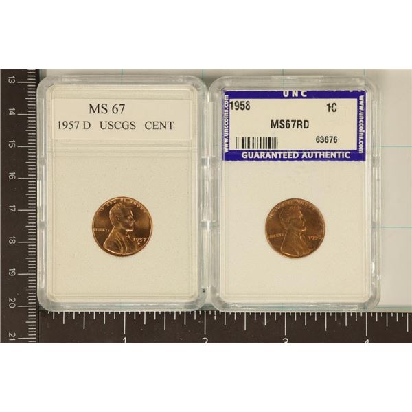 2 SLABBED LINCOLN CENTS 1957-D MS67 AND 1958