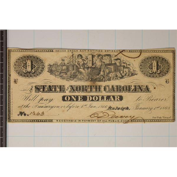 1863 STATE OF NORTH CAROLINA $1 OBSOLETE BANK NOTE