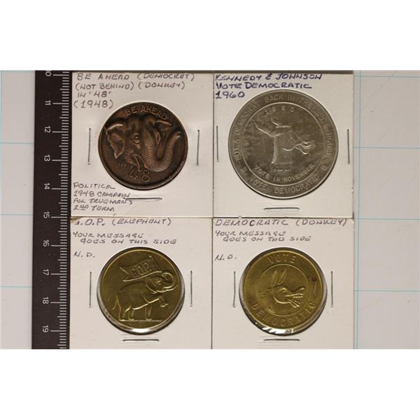 4 METAL REPUBLICAN & DEMOCRATIC TOKENS: 1948 BE