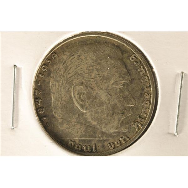 1939-A GERMAN SILVER 2 MARK WITH SWASTIKA .1607