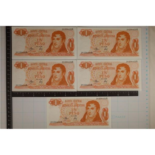 5-BANK OF ARGENTINA ONE PESO CRISP UNC BILLS