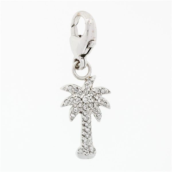 14k White Gold 0.36 ctw Pave Diamond Palm Tree Dangle Lobster Clasp Charm Pendan