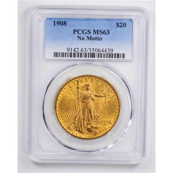 1908 $20 No Motto Double Eagle Gold Coin PCGS MS63